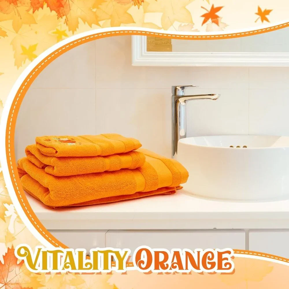 Vibrant Cotton 6 Pack Towel Set with Pumpkin Embroidery - Safe for Family